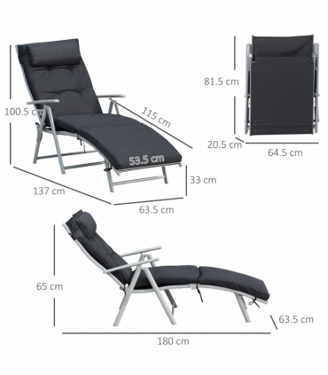 Steel Frame Outdoor Garden Padded Sun Lounger Black 137L x 63.5W x 100.5H