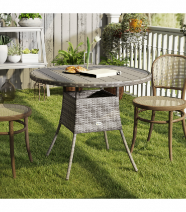 Outsunny Outdoor PE Rattan Dining Table w/ Wood-plastic Composite Top, Grey