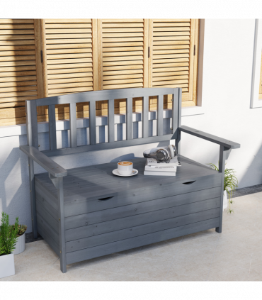 Outsunny Garden Storage Bench, 2 Seater Fir Wood Outdoor Bench, Dark Grey