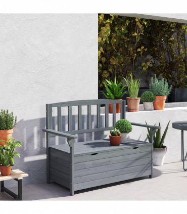 Outsunny Garden Storage Bench, 2 Seater Fir Wood Outdoor Bench, Dark Grey