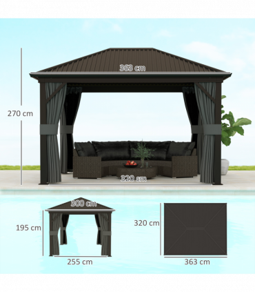 Outsunny 3.6 x 3(m) Metal Garden Hardtop Gazebo with Screened Curtain Dark Grey