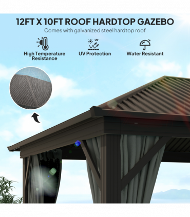 Outsunny 3.6 x 3(m) Metal Garden Hardtop Gazebo with Screened Curtain Dark Grey