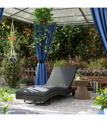 Outsunny Outdoor Rattan Sun Lounger with Reclining Back, Wheels, Dark Grey