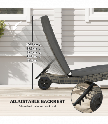 Outsunny Outdoor Rattan Sun Lounger with Reclining Back, Wheels, Dark Grey