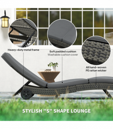 Outsunny Outdoor Rattan Sun Lounger with Reclining Back, Wheels, Dark Grey