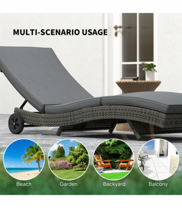 Outsunny Outdoor Rattan Sun Lounger with Reclining Back, Wheels, Dark Grey
