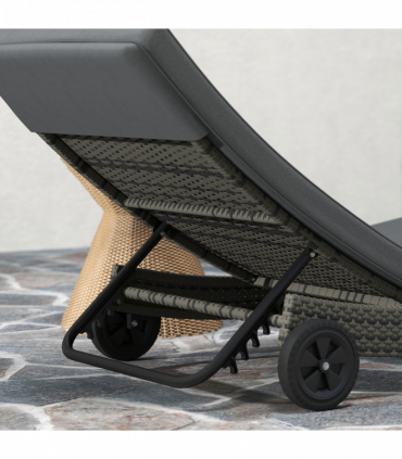 Outsunny Outdoor Rattan Sun Lounger with Reclining Back, Wheels, Dark Grey