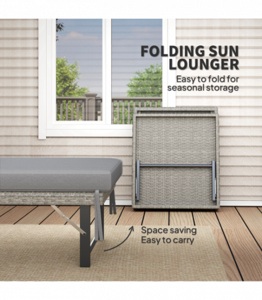 Outsunny Folding Rattan Sun Lounger with Adjustable Back, Cushion, Grey