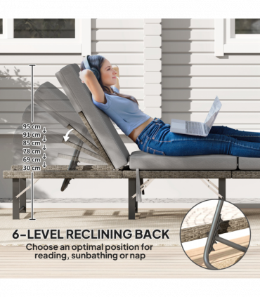 Outsunny Folding Rattan Sun Lounger with Adjustable Back, Cushion, Grey