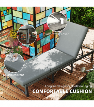 Outsunny Folding Rattan Sun Lounger with Adjustable Back, Cushion, Grey