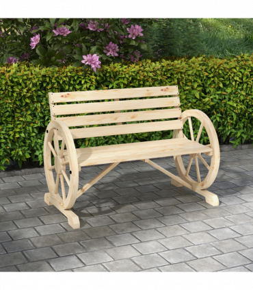 Outsunny 2 Seater Garden Bench w/ Wooden Cart Wagon Wheel Natural