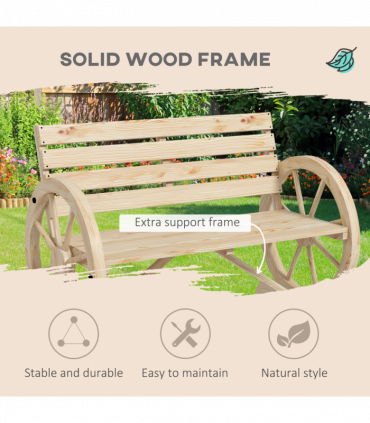 Outsunny 2 Seater Garden Bench w/ Wooden Cart Wagon Wheel Natural