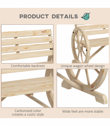 Outsunny 2 Seater Garden Bench w/ Wooden Cart Wagon Wheel Natural