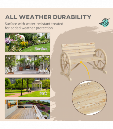 Outsunny 2 Seater Garden Bench w/ Wooden Cart Wagon Wheel Natural