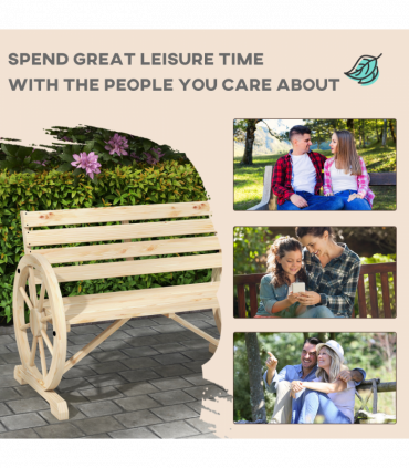 Outsunny 2 Seater Garden Bench w/ Wooden Cart Wagon Wheel Natural