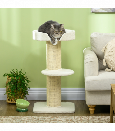 PawHut 2 Tier Cat Resting Tree with Top Basket Cushion Sisal Post Cream White