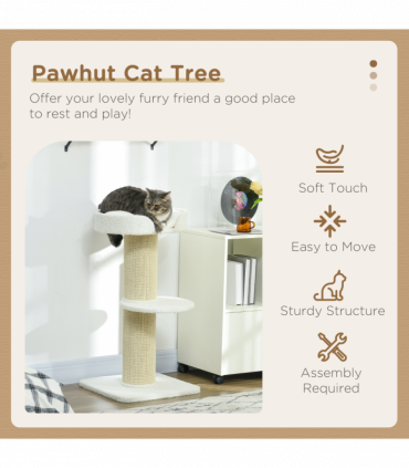 PawHut 2 Tier Cat Resting Tree with Top Basket Cushion Sisal Post Cream White