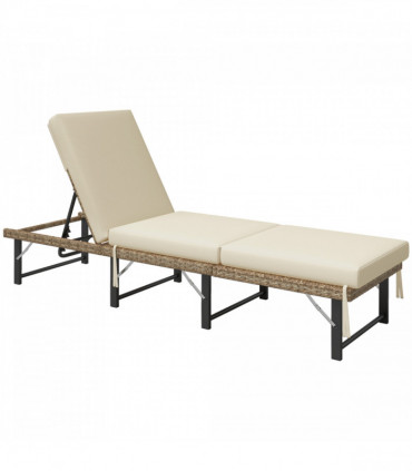 Outsunny Folding Rattan Sun Lounger with Adjustable Back, Cushion, Natural