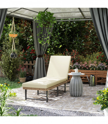 Outsunny Folding Rattan Sun Lounger with Adjustable Back, Cushion, Natural