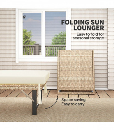 Outsunny Folding Rattan Sun Lounger with Adjustable Back, Cushion, Natural
