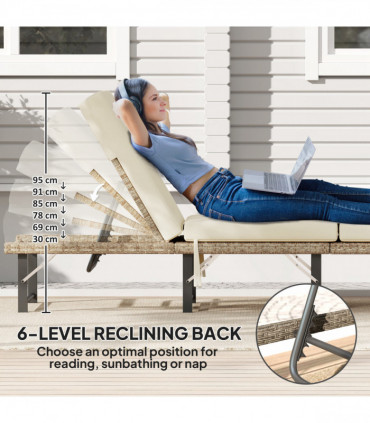 Outsunny Folding Rattan Sun Lounger with Adjustable Back, Cushion, Natural