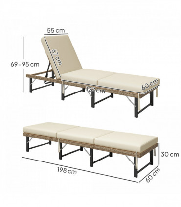 Outsunny Folding Rattan Sun Lounger with Adjustable Back, Cushion, Natural
