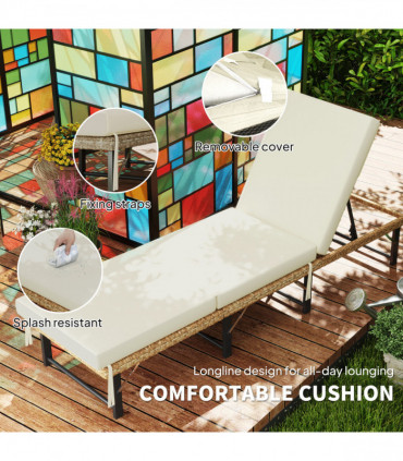 Outsunny Folding Rattan Sun Lounger with Adjustable Back, Cushion, Natural