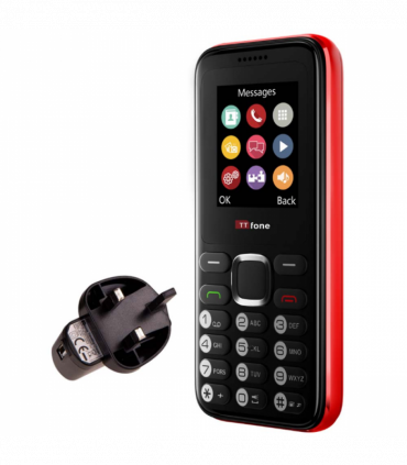 TTfone TT150 Unlocked Basic Mobile Phone UK Sim Free, Long Battery Life, Dual Sim with camera and games, easy to use, durable and light weight pay as you go - Red with Mains Charger and EE Sim Card