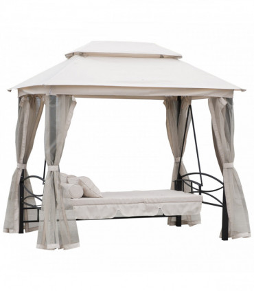 Outdoor 2-in-1 Convertible Swing Chair Bed 3 Seater Porch Cream White Steel