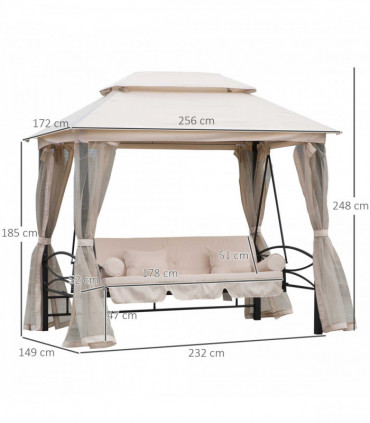 Outdoor 2-in-1 Convertible Swing Chair Bed 3 Seater Porch Cream White Steel