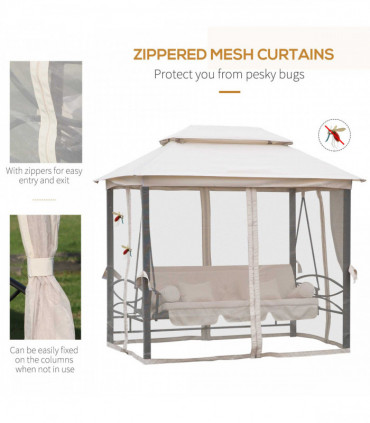 Outdoor 2-in-1 Convertible Swing Chair Bed 3 Seater Porch Cream White Steel