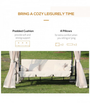 Outdoor 2-in-1 Convertible Swing Chair Bed 3 Seater Porch Cream White Steel