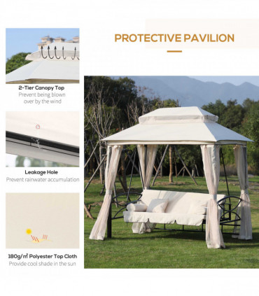 Outdoor 2-in-1 Convertible Swing Chair Bed 3 Seater Porch Cream White Steel