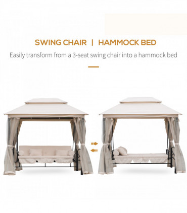 Outdoor 2-in-1 Convertible Swing Chair Bed 3 Seater Porch Cream White Steel