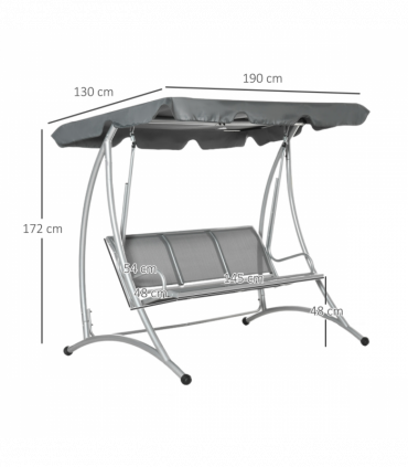 Steel 3 Person Swing Chair & Adjustable Canopy - Dark Grey 196cm x 116cm x 172cm