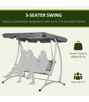Steel 3 Person Swing Chair & Adjustable Canopy - Dark Grey 196cm x 116cm x 172cm