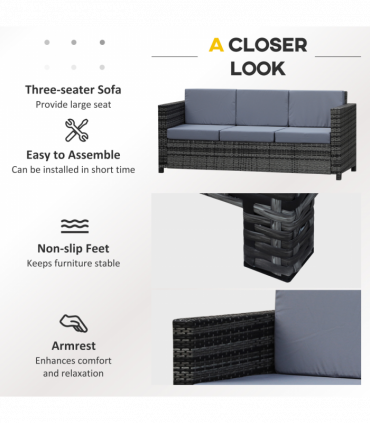 3-Seater Weather Resistant Outdoor Garden Rattan Sofa Grey