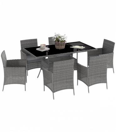 Outsunny Rattan Dining Set for 6 with Cushions, Glass Top Table
