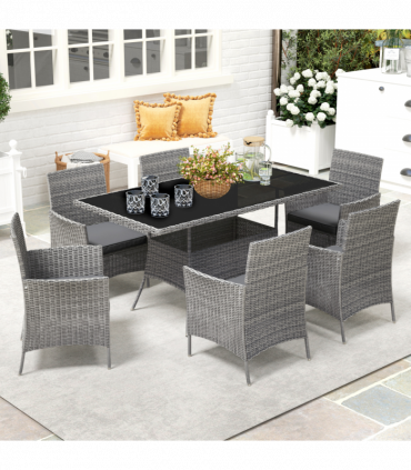 Outsunny Rattan Dining Set for 6 with Cushions, Glass Top Table