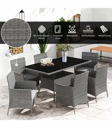 Outsunny Rattan Dining Set for 6 with Cushions, Glass Top Table