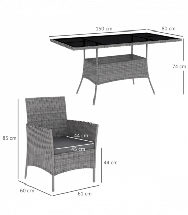 Outsunny Rattan Dining Set for 6 with Cushions, Glass Top Table