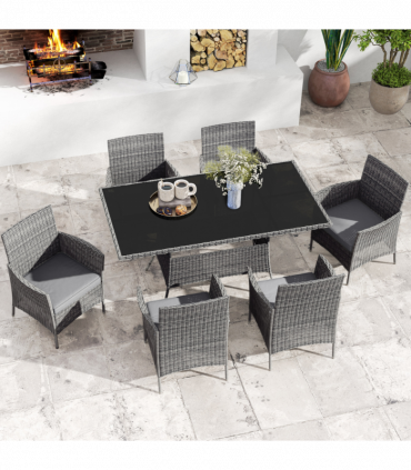 Outsunny Rattan Dining Set for 6 with Cushions, Glass Top Table