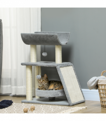 Cat Tree Tower Light Grey Plush 60L x 30W x 76H cm Scratching Posts Pad Toy Ball