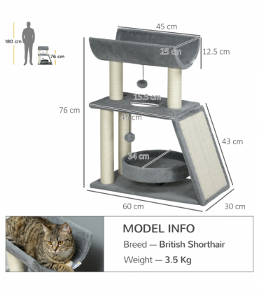 Cat Tree Tower Light Grey Plush 60L x 30W x 76H cm Scratching Posts Pad Toy Ball