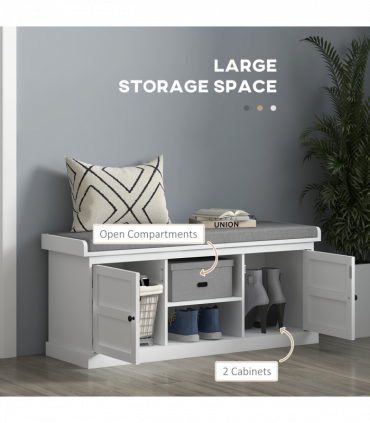 HOMCOM Shoe Storage Bench with Cushion 2 Cabinets for Entryway Hallway White