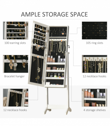 Mirrored Jewellery Cabinet Lockable Jewellery Organiser White