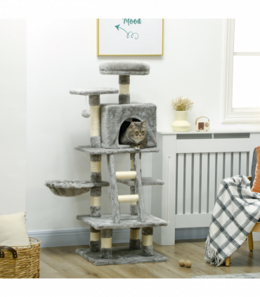 PawHut 132cm Multi-Activity Cat Tree w/ House Baskets Ladder Scratch Post Grey