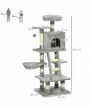 PawHut 132cm Multi-Activity Cat Tree w/ House Baskets Ladder Scratch Post Grey