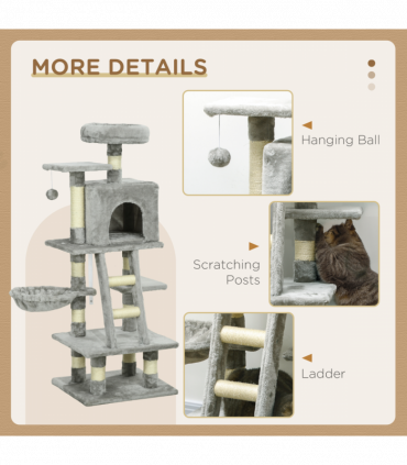 PawHut 132cm Multi-Activity Cat Tree w/ House Baskets Ladder Scratch Post Grey