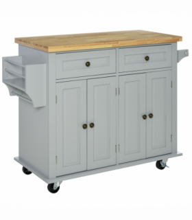 Rolling Kitchen Island Cart  Rubber Wood Top, Spices, and Towel Rack
